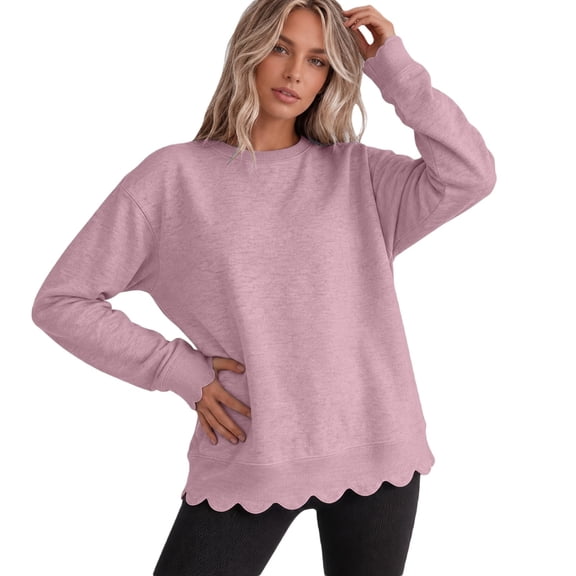 Women's Crew Neck Long Sleeve Sweatshirt Drop Shoulder Scallop Hem Casual Pullover Top Fall Layering Pink,XXL
