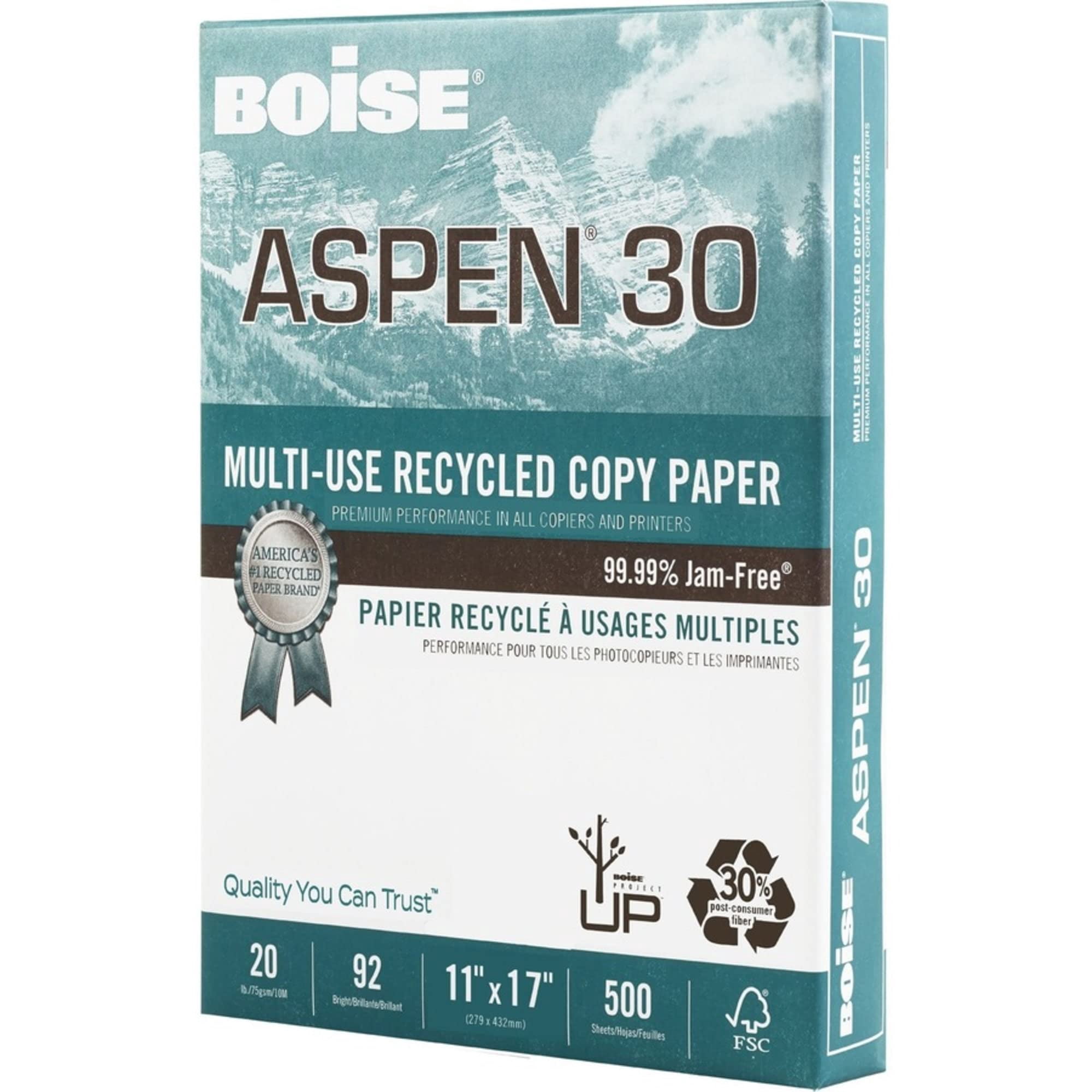 BOISE ASPEN 30% Recycled Multi-Use Copy Paper, 11" x 17", Ledger, 92 Bright, 20 lb., Ledger, 5 Ream Carton (2500 Sheets)