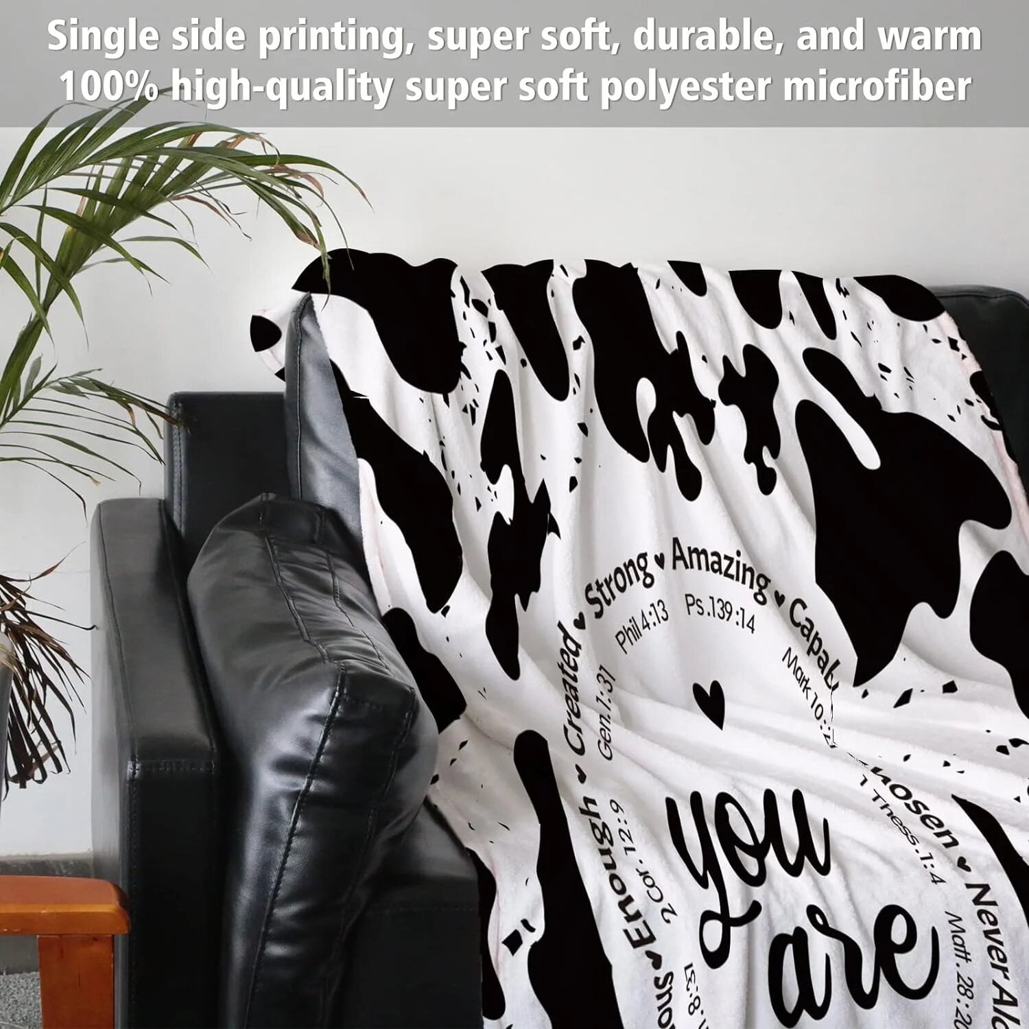NICKSUN Bible Verse and Cow Print Blanket, Cow Gifts for Women, Inspirational Christian Gifts for Women Girls, Mothers Day Birthday Wedding Christmas Gifts, Soft Flannel Blanket 50'' x 60''