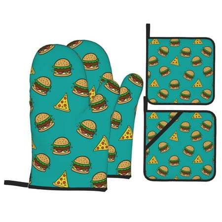 

Oven Mitts and Pot Holders 4 pcs Set Cute Hamburger Light Blue Heat Resistant Pot Holders Oven Mitts for kitchen Non-Slip Hanging Loop Oven Glove Potholders for Baking Cooking