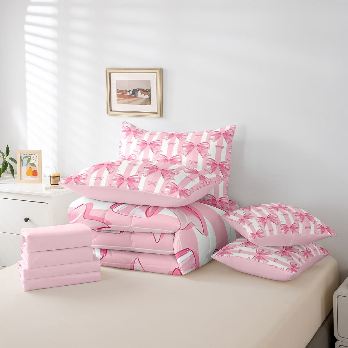 Manfei Kawaii Bow Twin Bedding Sets 7-Piece,Girls Bow Knot Bedding Comforter Set,Pink White Stripes Sheet Sets,Breathable Bedroom Decorative,Reversible
