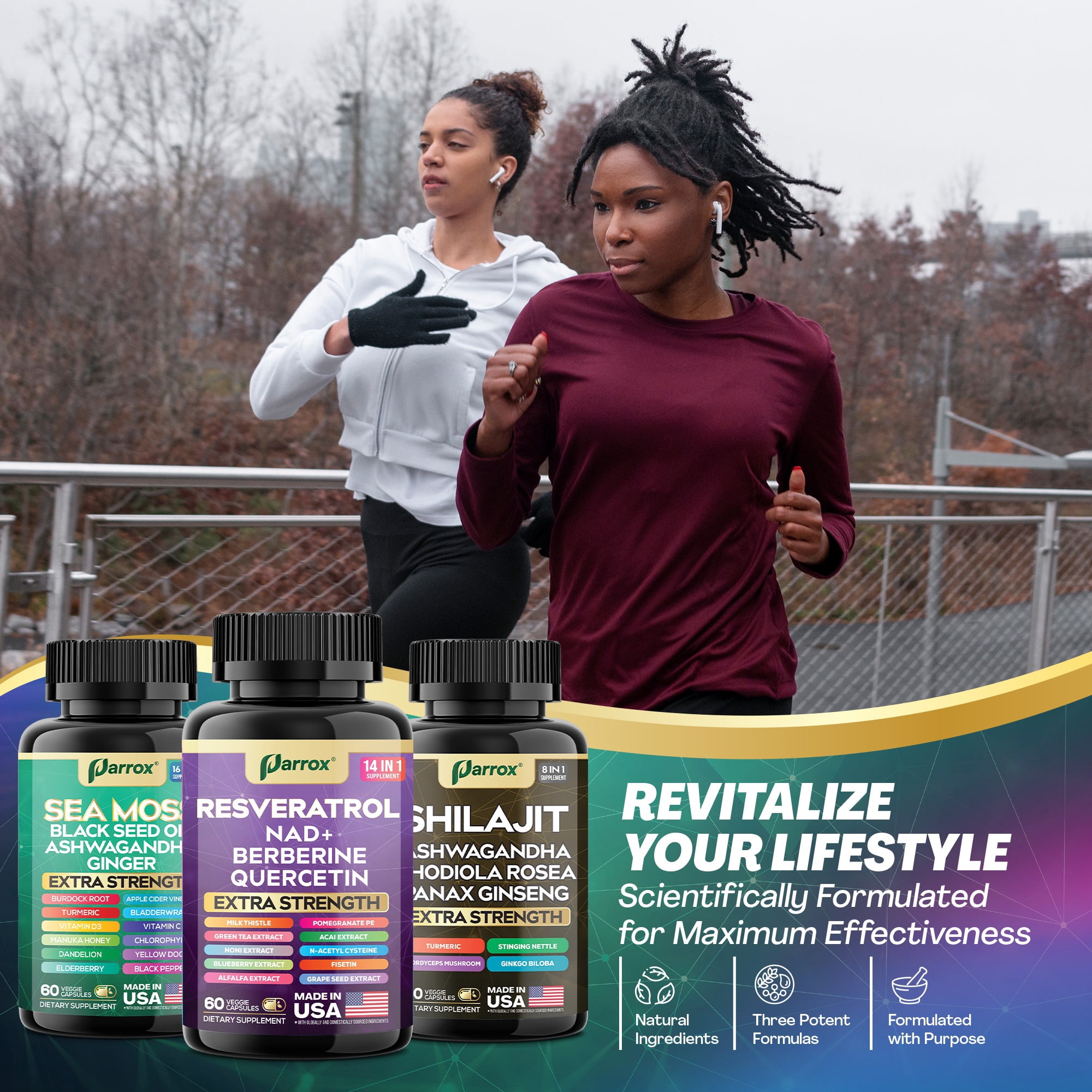 Parrox Advanced Wellness Trio - Sea Moss, Black Seed Oil, Ashwagandha, Burdock Root, Resveratrol, NAD+, Quercetin, Berberine, Grape Seed Extract, Panax Ginseng,Ginkgo Biloba, Rhodiola Rosea, Turmeric