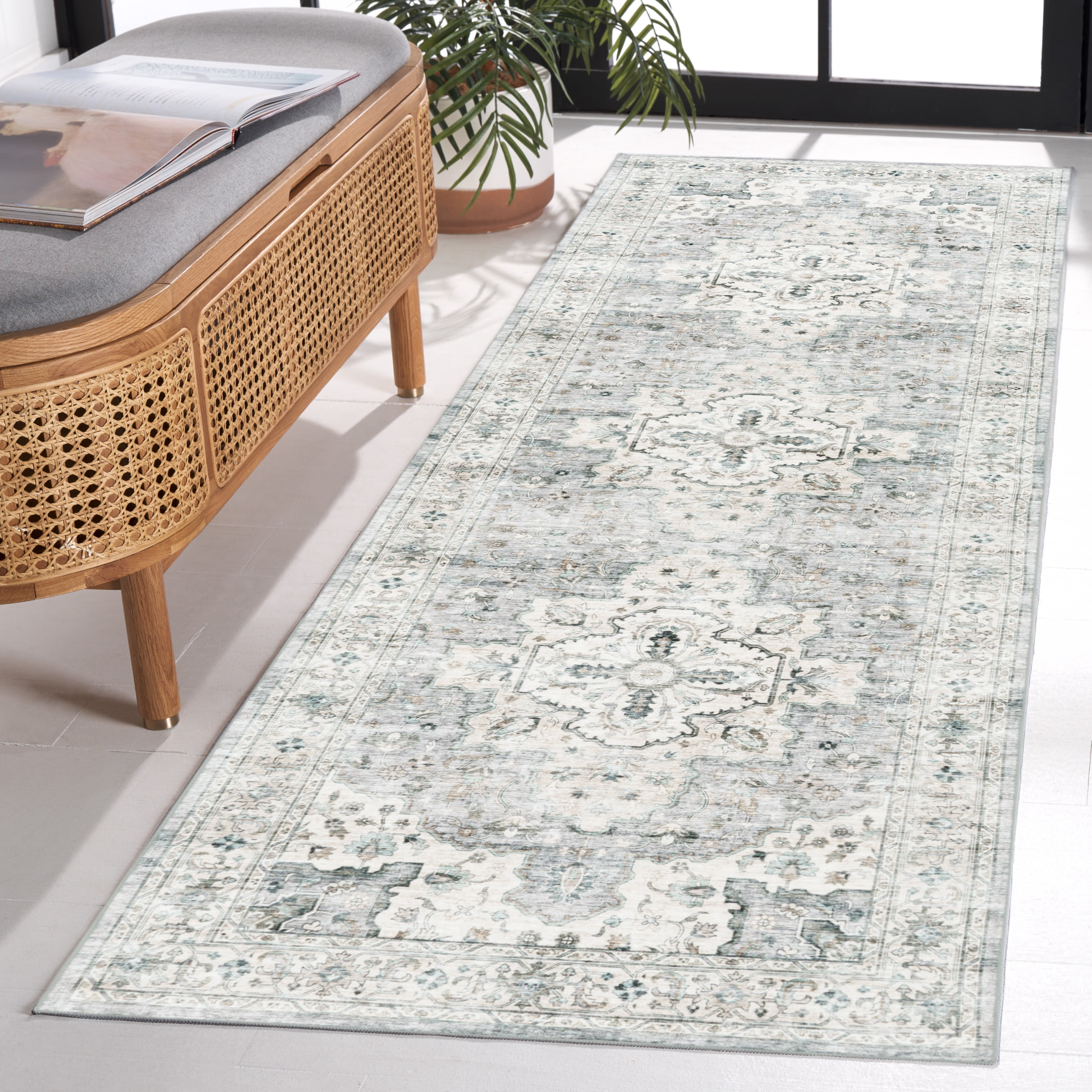 SAFAVIEH Arizona Gorica Distressed Polyester Machine Washable Runner Rug, Light Grey/Beige, 2'6" x 12'
