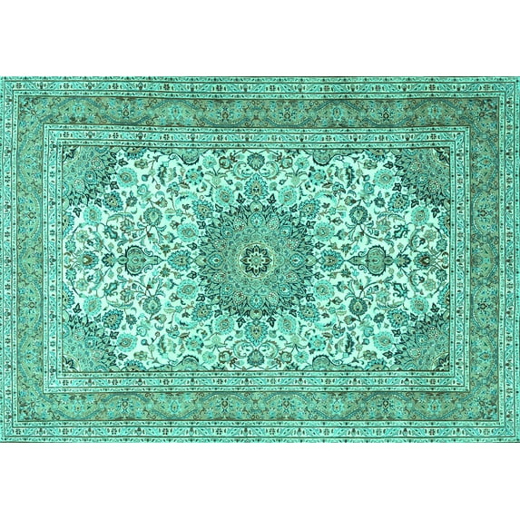 Ahgly Company Machine Washable Indoor Rectangle Medallion Turquoise Blue Traditional Area Rugs, 8' x 10'