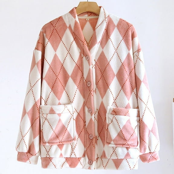Weiqiqre Fall Pajamas Women Causal Sherpa Fall Jacket Loose Button Down Plaid Winter Coats V-neck Button Pocket Long-sleeved Pajamas