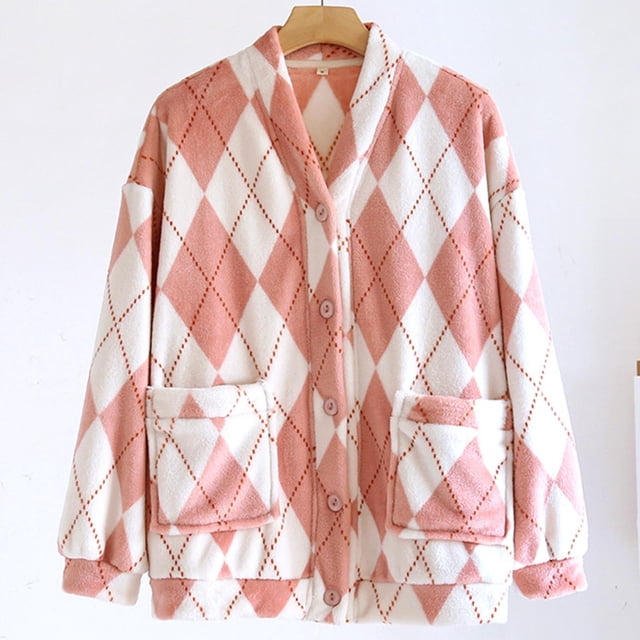 Pijama de manga larga para mujer, estilo informal, con estampado a cuadros, cuello en V, botones y bolsillo, de poliéster.