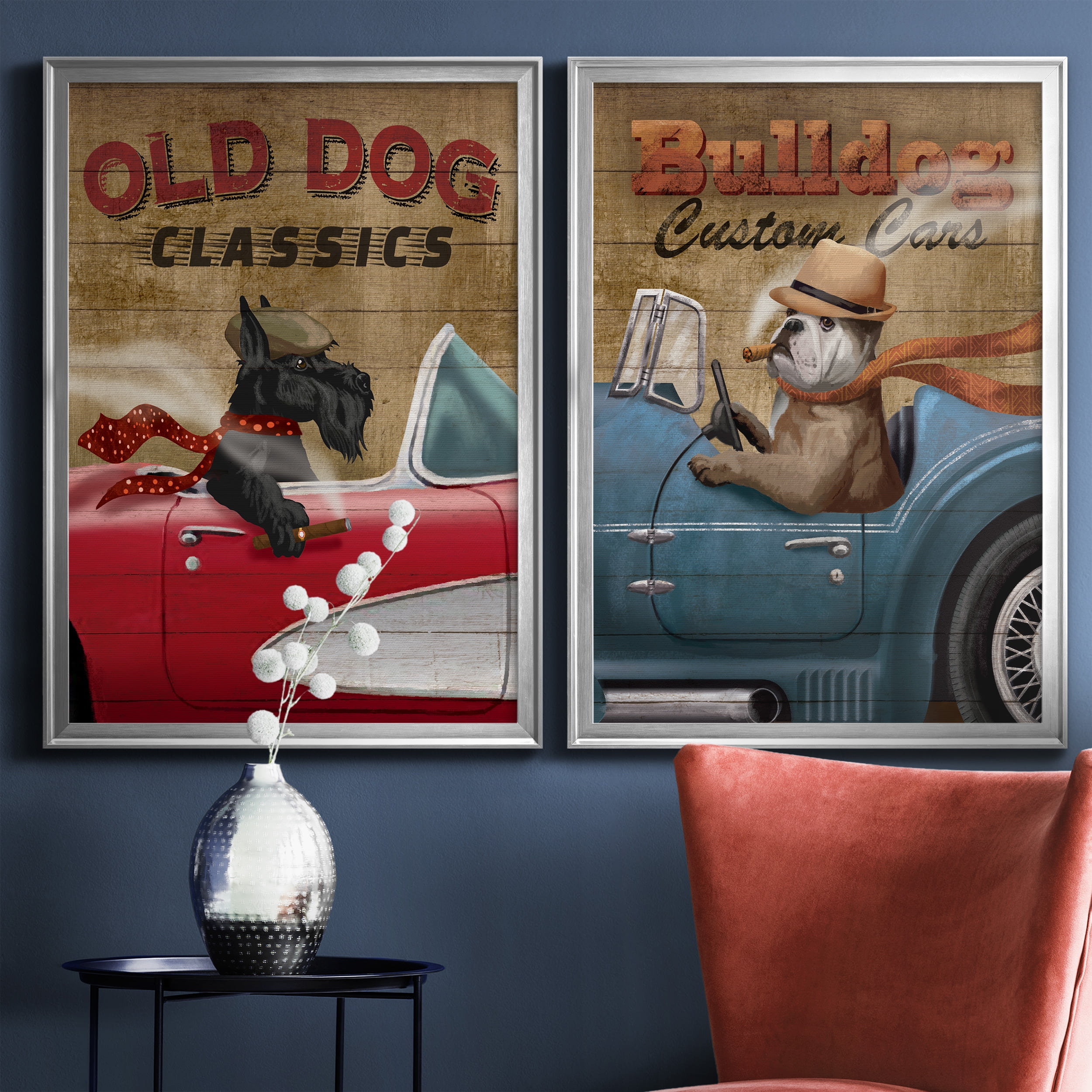 2 Piece Set Old Dog Classics Premium Framed Canvas - Ready to Hang - 26.5 x 36.5 Each - Silver Frame
