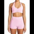 thumbnail image 1 of Conjuntos Entrenamiento para Mujer 2 Piezas,Sujetador Deportivo con Cuello Halter y Arrugas,Pantalones Cortos Ciclista Cintura Alta,Ropa Ejercicio para Gimnasio Yoga Rosa XL, 1 of 8