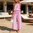thumbnail image 6 of BRELIL Women High Neck Sleeveless Peplum Top Wide Leg Pants Two Piece Set Plaid Boho Vacation Casual Loose 2 Piece Travel Outfit, Pink L, 6 of 7