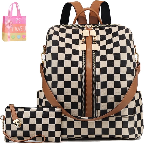Small Backpack Purse for Women Checkered Back Pack Purses Ladies Shoulder Handbags with Cherry Pendant Work Travel (A)