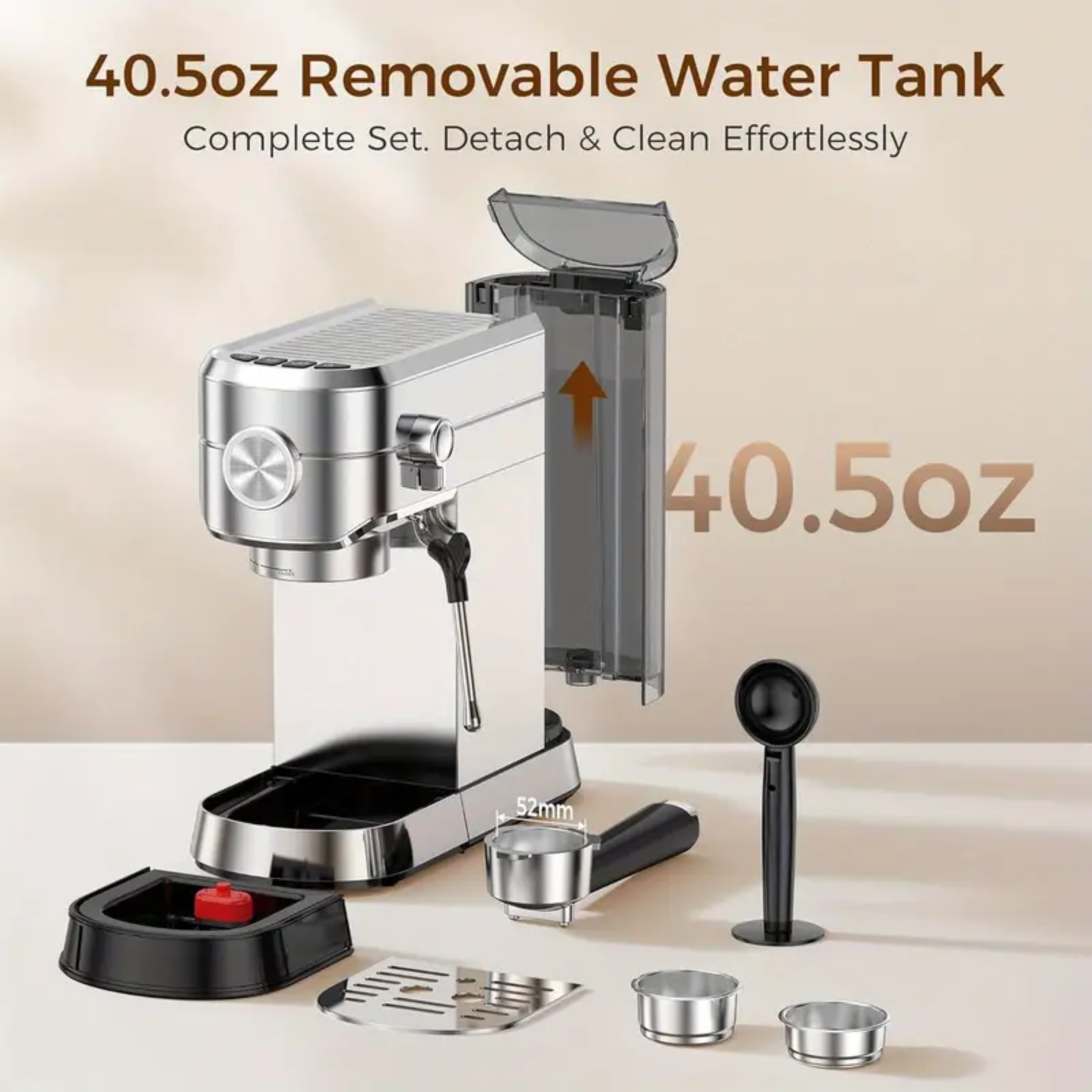 Auseo 20 Bar Espresso Coffee Maker with Milk Frother Steam Wand, 40oz Removable Water Tank, Espresso/Cappuccino/Latte/Mocha for Home, Stainless Steel
