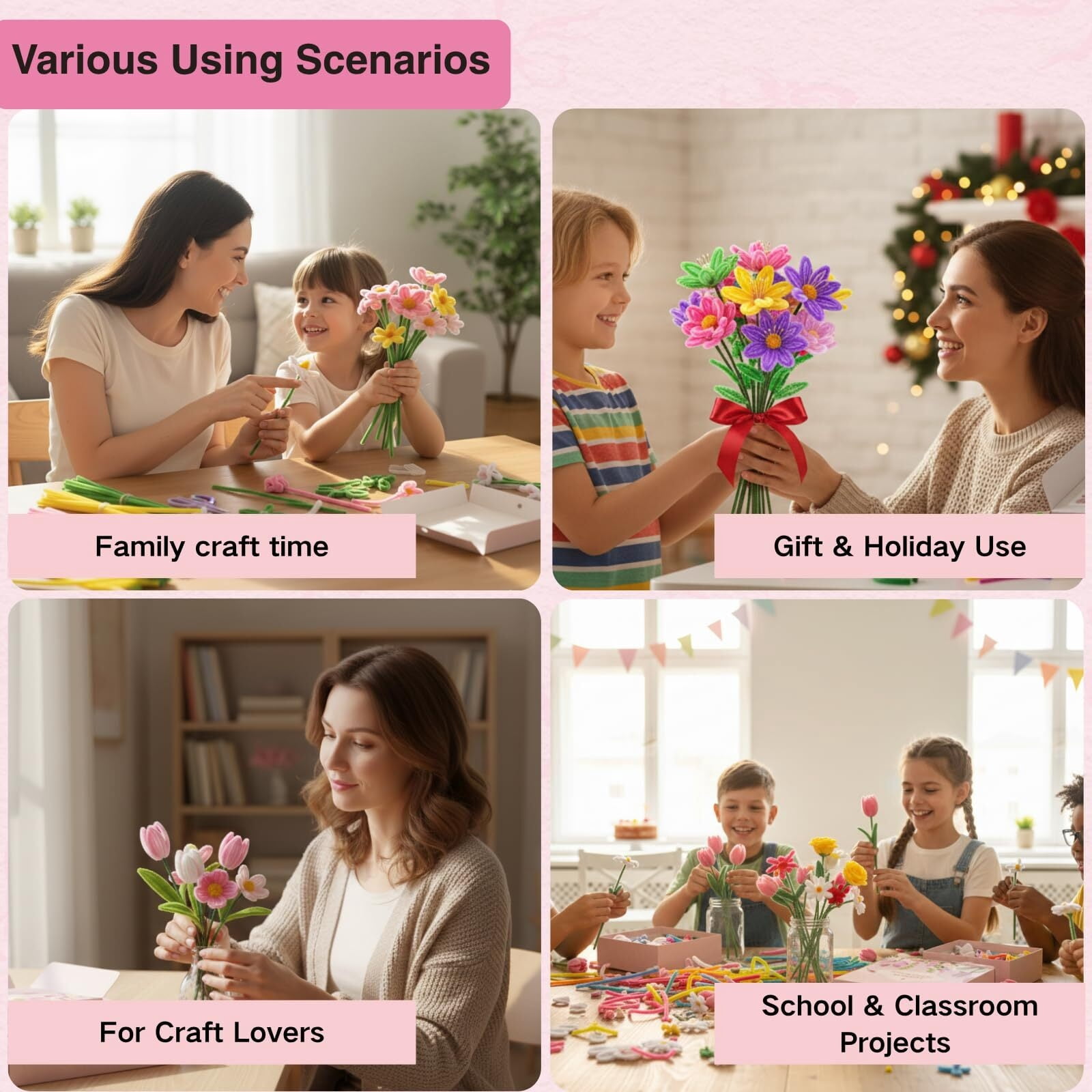 500Piece Pipe Cleaners Flowers Kit, Chenille Stems for DIY Flower Making, Crafts and Art Projects, Creative Holiday Decoration Supplies