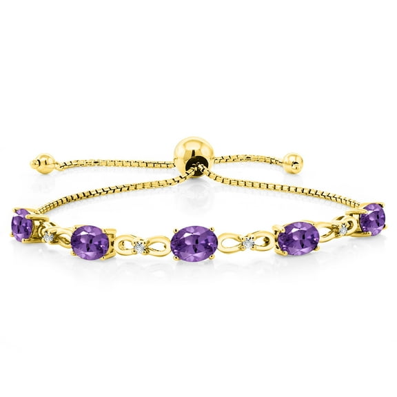 Gem Stone King 18K Yellow Gold Plated Silver Purple Amethyst and White Lab Grown Diamond Tennis Bracelet for Women (3.77 Cttw, Gemstone February Birthstone, Oval 7x5MM, Fully Adjustable up to 9 inch)