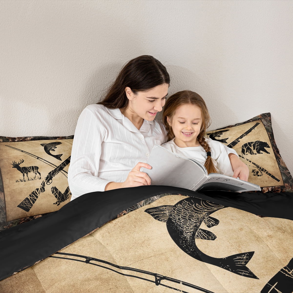 Hunting And Fishing Comforter Set Queen Tree Branch Camo Bedding Set Teen Men,Woodland Wildlife Bass Fish Duck Bear Deer Bed Comforter Set Rustic Farmhouse Cabin Quilt Set