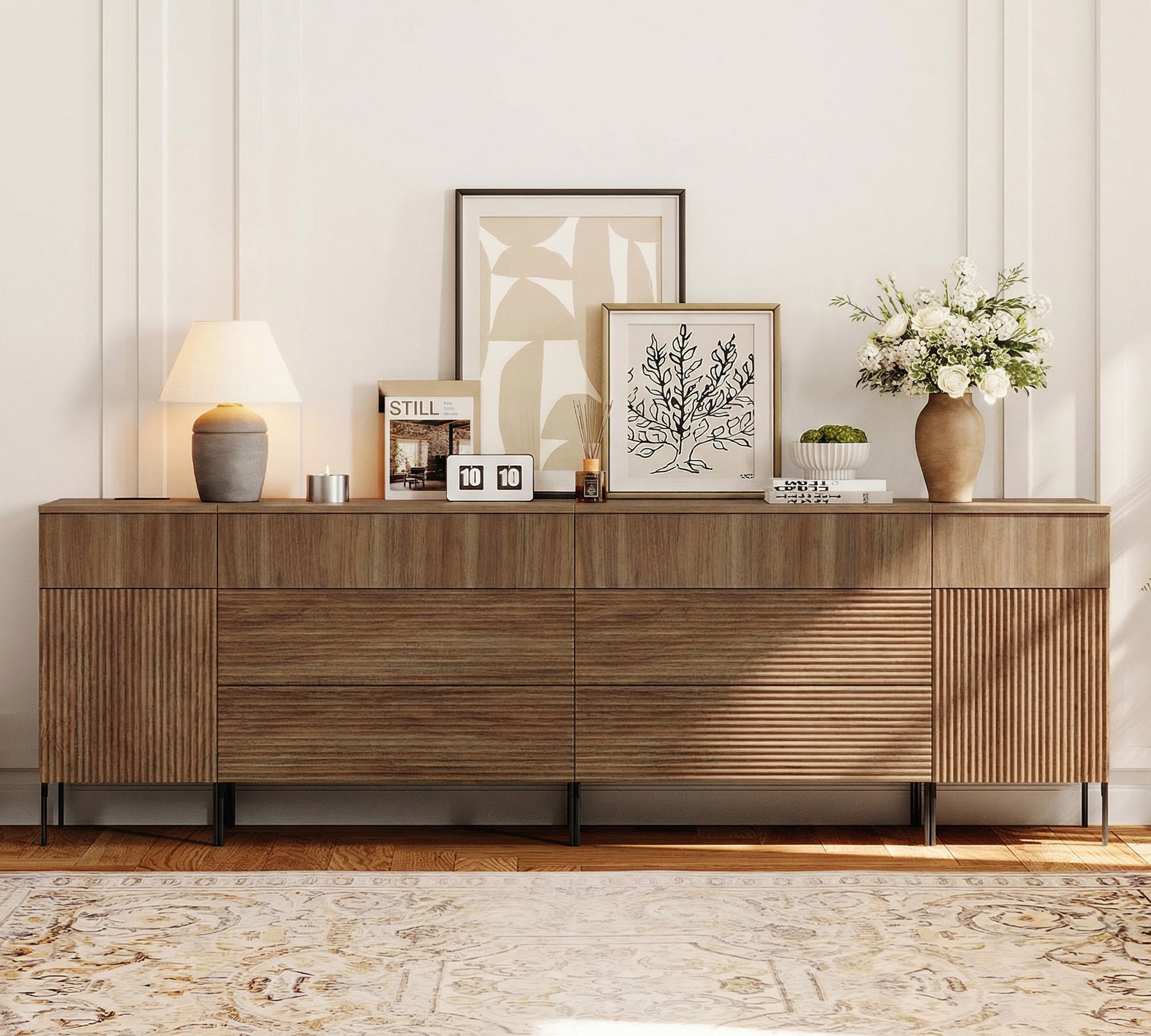 WAMPAT 94.5" 4-in-1 Fluted Dresser for Bedroom with Charging Station, Modern Wooden Chest of Drawers with Hidden Handles & 8 Drawers, Extra Long Dresser TV Stand Closet Storage Organizer, Brown