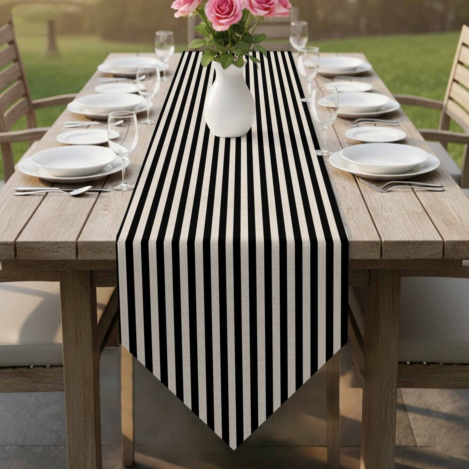 Black Striped Table Runner Linen Burlap Table Runner 90 Inches Long Modern Simple Farmhouse Beige Vintage Dresser Scarves for Kitchen Island Coffee Dining Room Party Wedding Holiday Decor 13"x90"