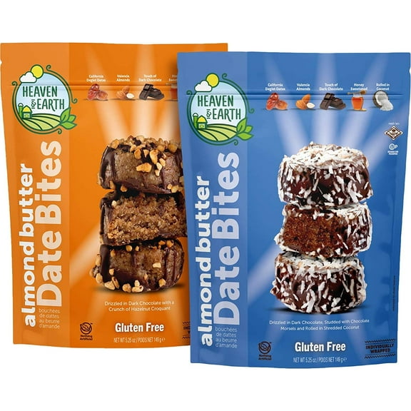 Heaven & Earth Gluten Free Chocolate Covered Almond Butter Date Bites 5.25oz 2 Pack Variety, All Natural, Individually Wrapped, Kosher for Passover