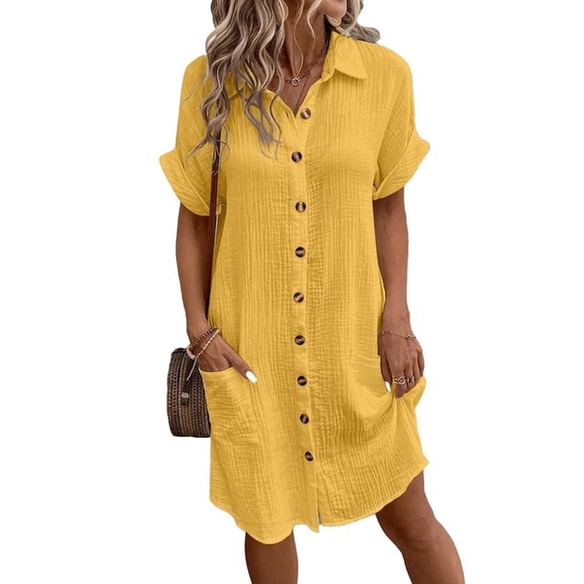 Vestido Túnica Holgado Informal de Verano para Mujer, de Algodón y , con Botones, Escote en V, Corta, Color Amarillo, Talla S