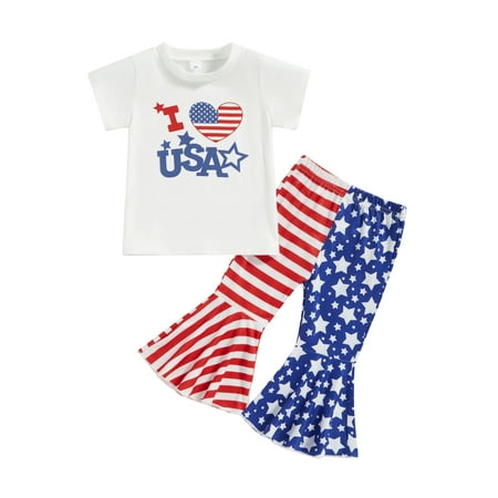 

Toddler Girls 4th of July Outfits Heart Print Tops + Flare Pants Set