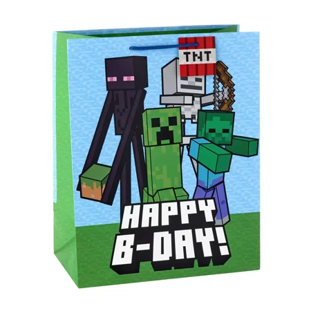 Medium Minecraft Bag: Gift Bag, Multicolor, Creeper & Zombie Figures, Birthday Party, 13.3" x 10.45" x 0.8"