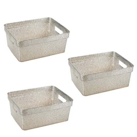 Simplify 3 Pack Small Polypropylene Glitter Storage Tote Baskets, Silver