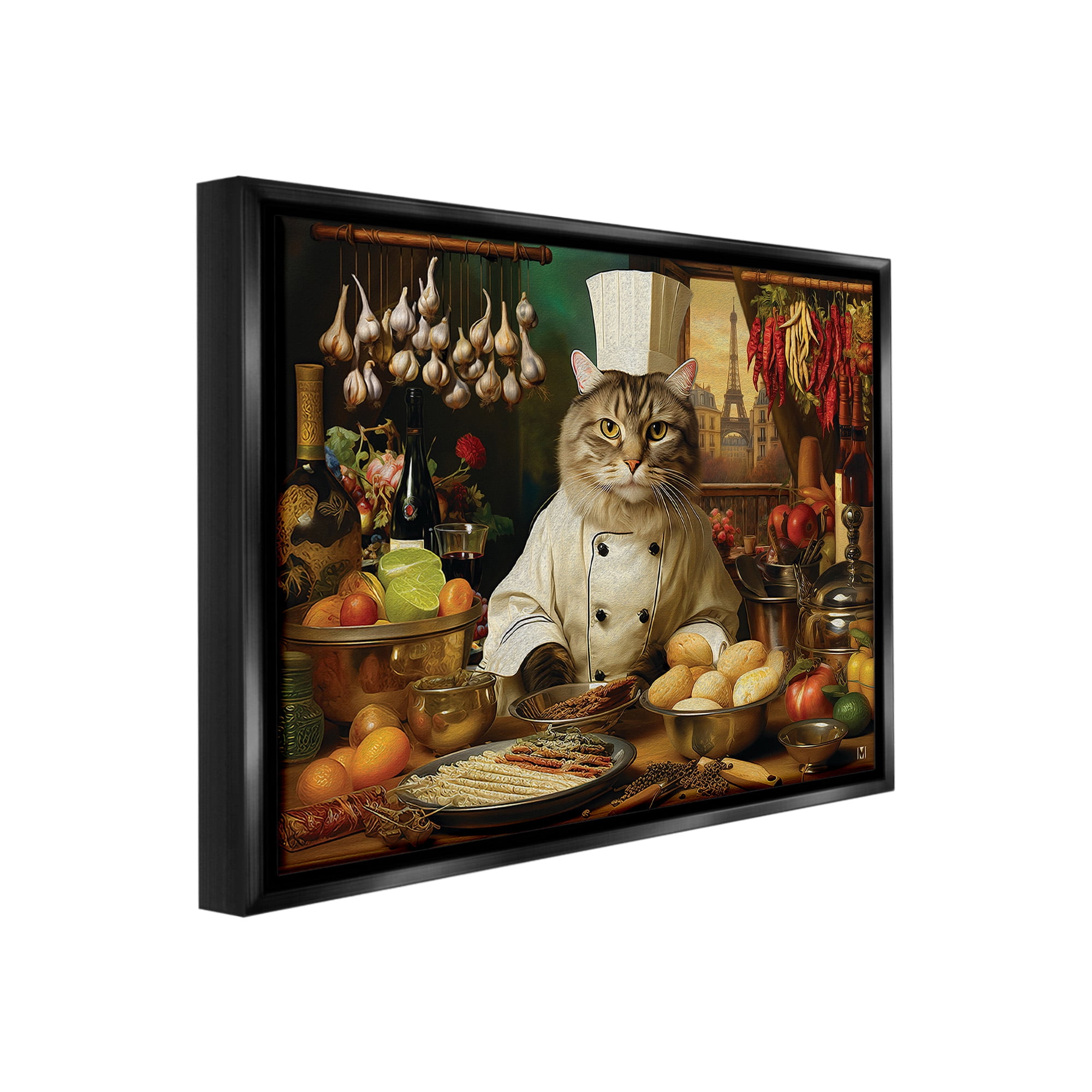 Stupell Industries Cat Chef in Kitchen Animals & Insects Painting Black Floater Framed Canvas Art Print Wall Art, 31 x 25