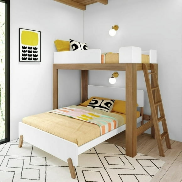 Max & Lily Twin over Full L-Shaped Bunk Bed, Mid-Century Modern Bunk Solid Wood Bunk for Kids, White/Pecan