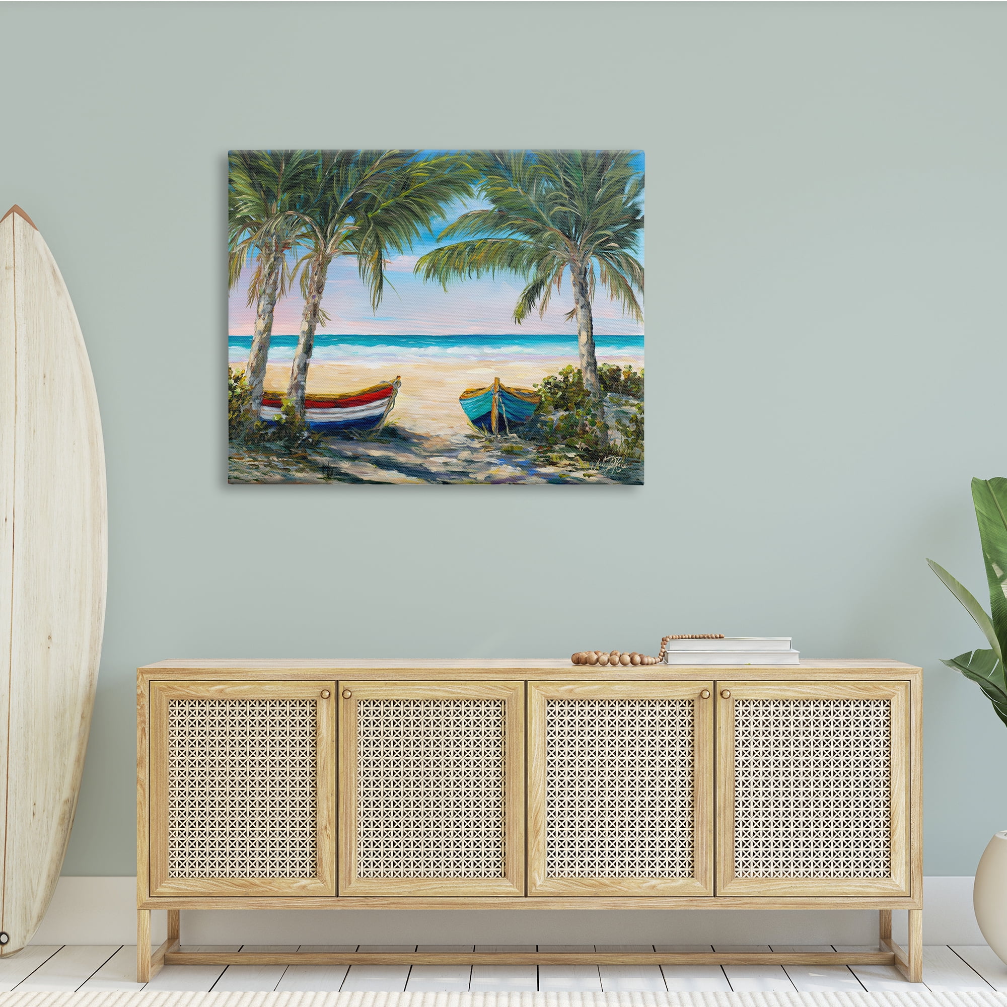 Stupell Industries Row Boats on Beach Shore Tropical Palm Trees, 48 x 36, Design by Julie Derice