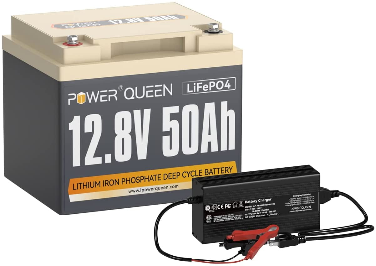 Power Queen 12V 50Ah Deep Cycle LiFePO4 Lithium Battery with 14.6V 20A