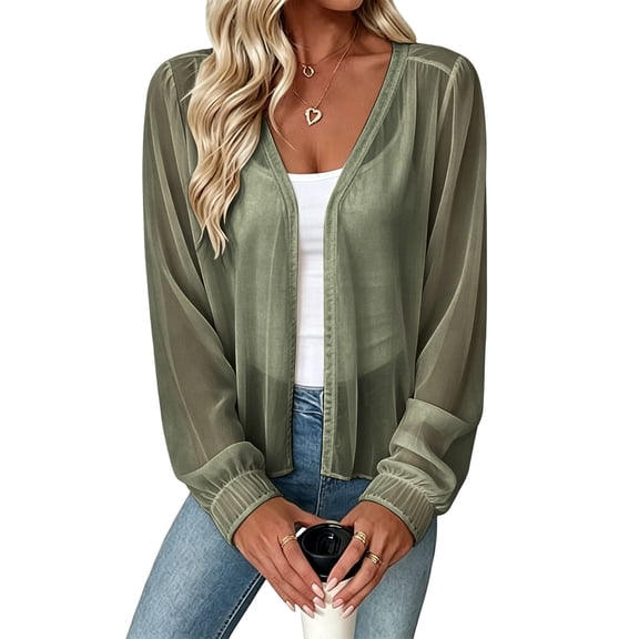 TEAJOPSUU Women's Sheer Chiffon Cardigans Open Front Puff Long Sleeve Crop Cardigans Comfy Breathable Lightweight Outerwear Sweaters Green