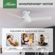 Hunter 44 inch Indoor Ceiling Fan No Light - White Modern Ceiling Fan without Light, 3 Blades, Low Profile Mount, For Bedroom, Living Room, or Kitchen, Wall Control - Presto 52402, Matte White