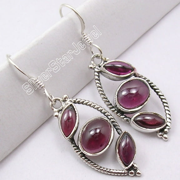 SilverStarJewel Sterling Silver Garnet Earrings 1.7" Modern Art Jewelry
