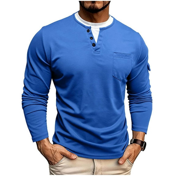 Henley Shirts for Men Long Sleeve Lightweight Casual Basic Tee Crewneck Soft T-Shirt Big and Tall with Pocket Blue M