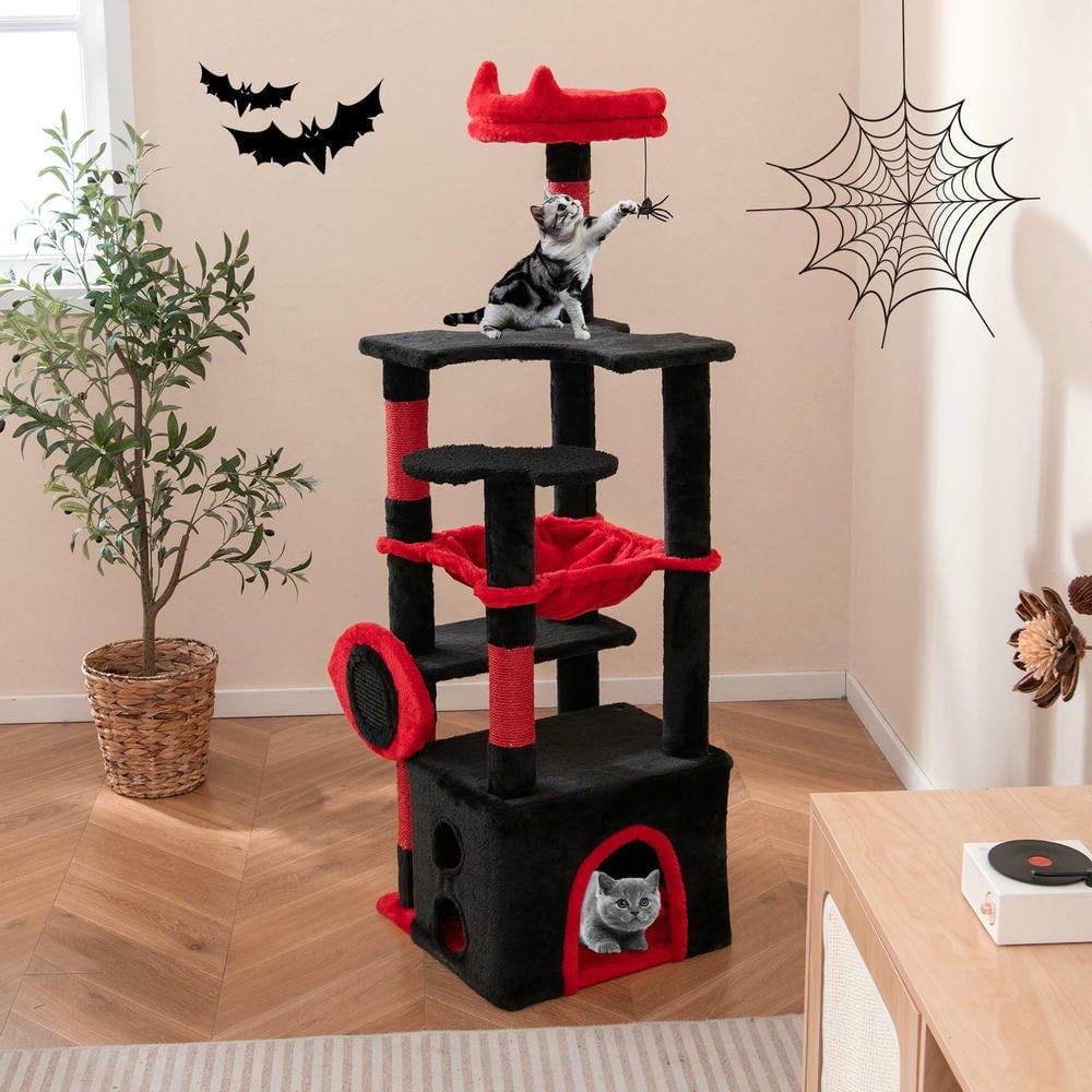 Resenkos Gothic Style Cat Tree with Plush Perch and Spider Toy, Black & Red
