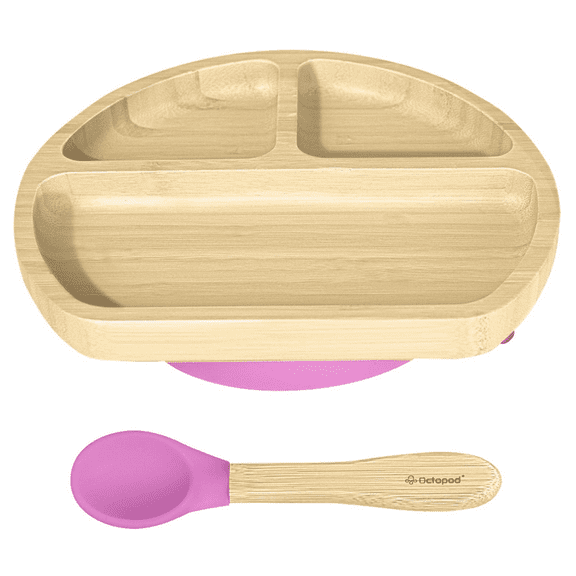 Abiie Octopod Bamboo Dish - Kids Plates for 4 months and up, 3-Compartment Baby Plates with Suction, Triangle Bamboo Baby Plate, Mess-Free Toddler Suction Plates, Baby Feeding Supplies (Pink)