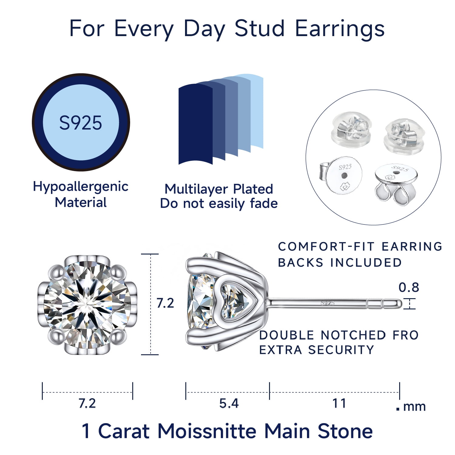 MomentWish 2 Carat Moissanite Studs Earrings S925 Sterling Silver Birthday Christmas Mother's Day Graduation Gifts for Women