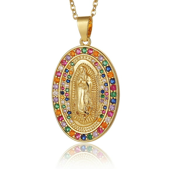 High Quality Zircon 14K Yellow Gold Virgin Mary Pendant Charms For Women Rainbow Our Lady of Guadalupe Necklaces Jewelry Best Party Gift