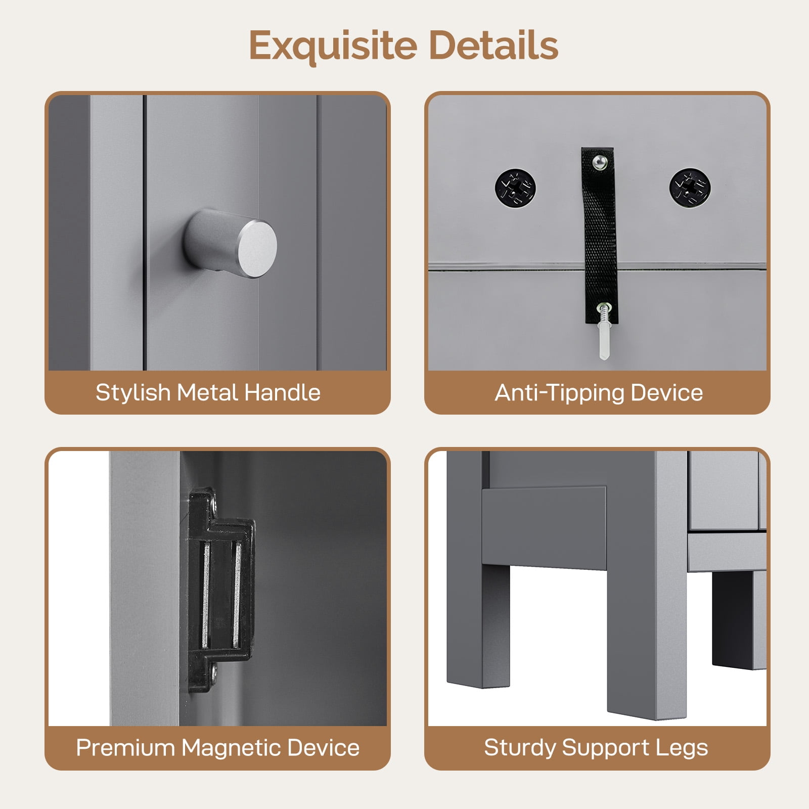 Grey Bathroom Floor Cabinet with Door and Shelf, 7.87 x 7.87 x 31.5 in
