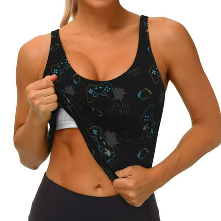 Qokaie Game Time Pattern Womens Scoop Neck Sports Bra Breathable Workout Vest Padded U Back Medium Impact Fitness Gym Yoga Bra Workout Crop Top