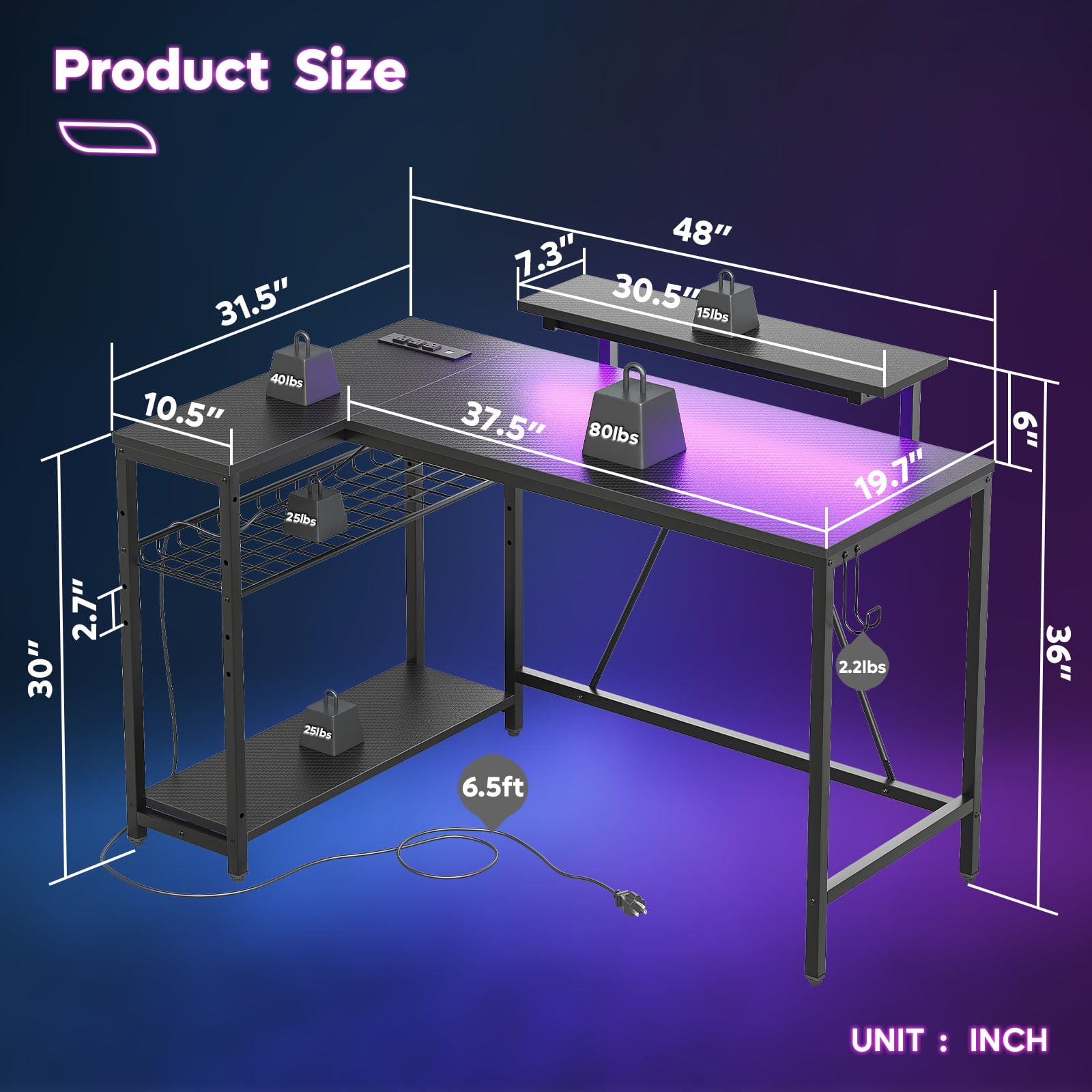 Bestier 48" L Shaped Gaming Desk with LED Lights & Power Outlets, Computer Desk with Monitor Stand, Carbon Fiber