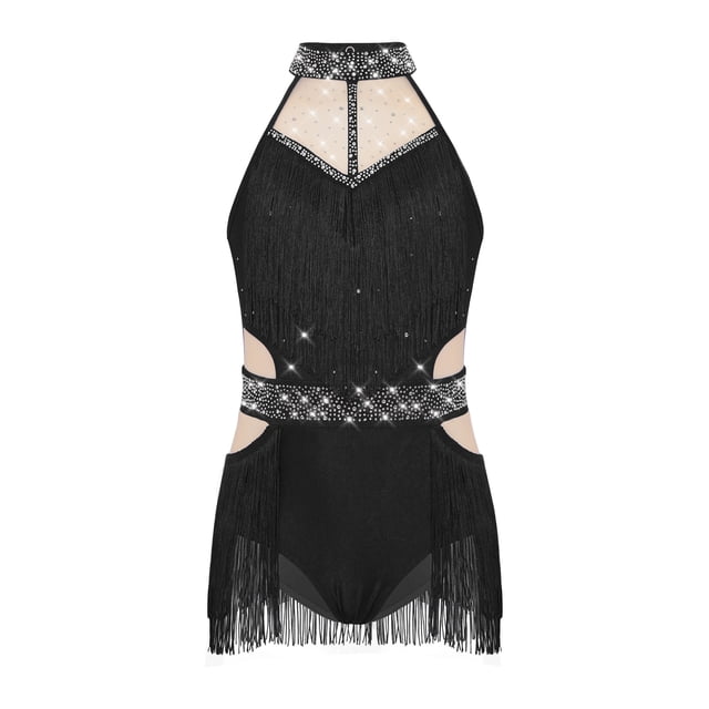 Yhong Robe de Danse Latine à Franges pour Filles, Justaucorps Sans Manches Scintillant, Jupe à Franges, Tenue de Danse Tango Rumba Samba, Noir 6