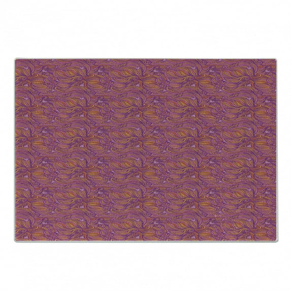 Yellow and Purple Cutting Board, Funky Hand Drawn Swirls and Hearts Pattern, Decorative Tempered Glass Cutting and Serving Board, in 3 Sizes, by Ambesonne