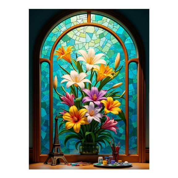 Diamond Art Kits for Adults, Stained Glass Floral Window Art 5D Diamond Painting Kits for Adults Beginners, DIY Full Drill Diamond Painting, Gem Art and Crafts 12x16