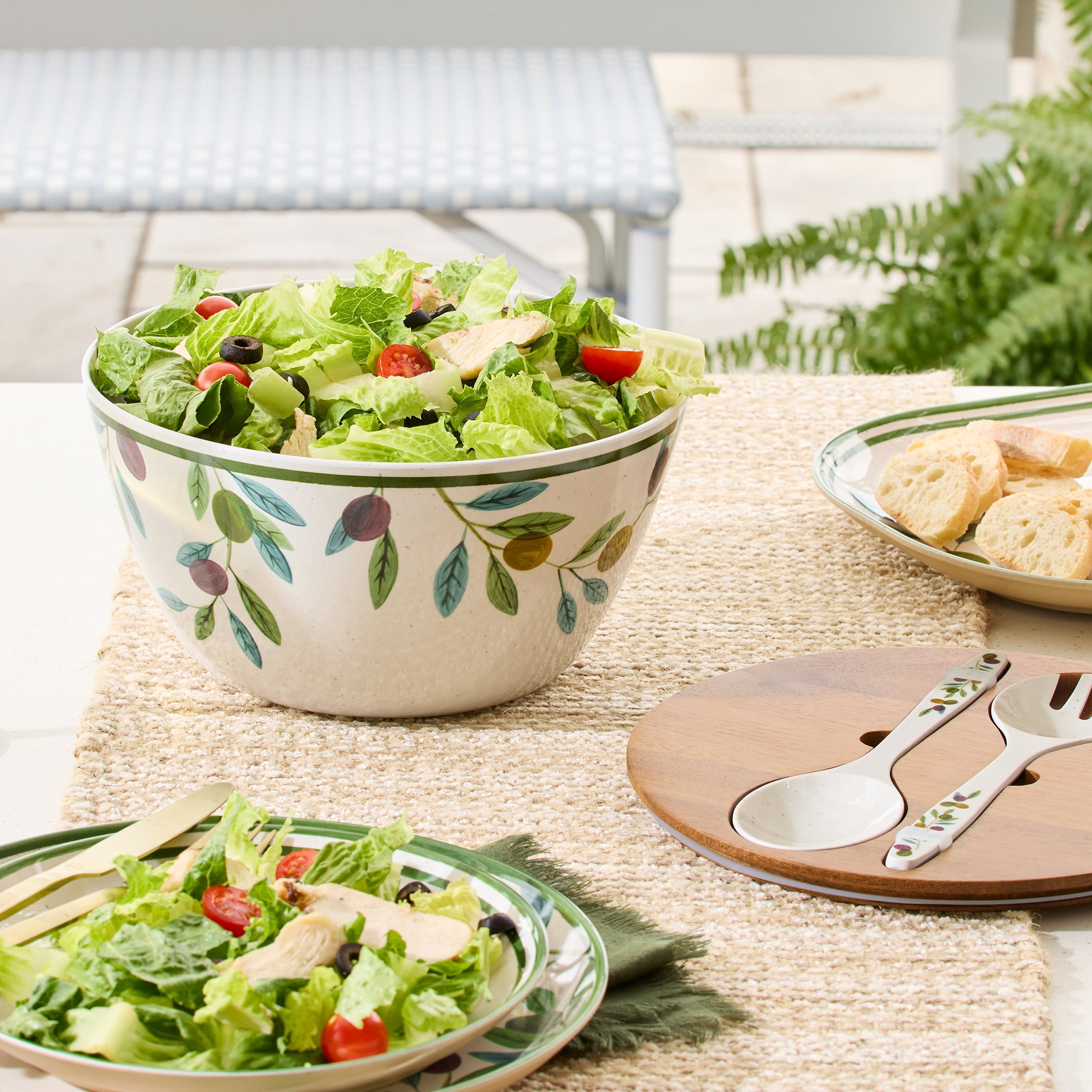 Better Homes and Gardens Bamboo Melamine Salad Serve Bowl Set with Acacia Wood Lid & Utensils, Olive Pattern