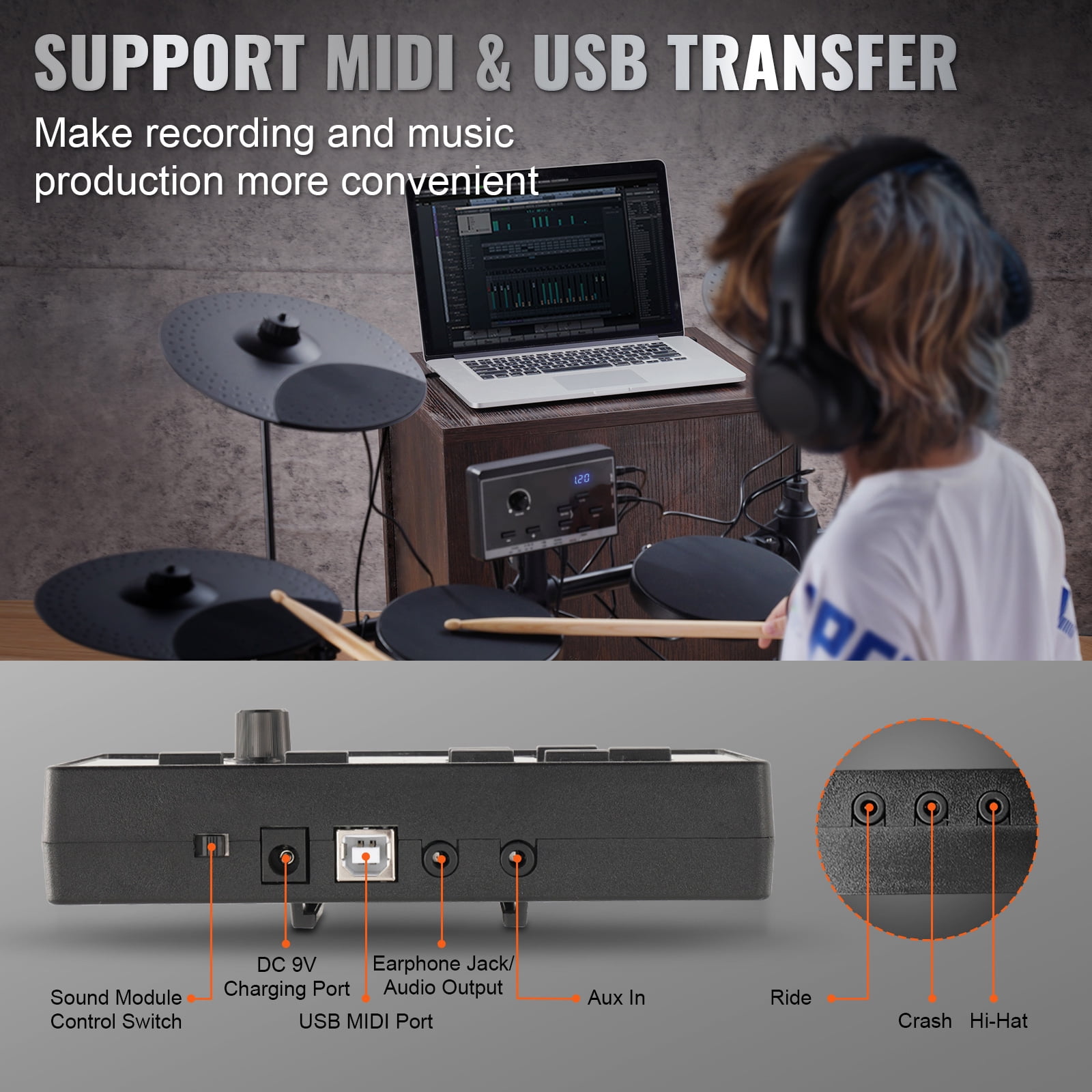 KFFKFF Electronic Drum Set, Comprises 15 Drum Sets & 150 Unique Sounds, 6.5 in Silent Mesh Snare, Supported by USB MIDI, Comes with 10 in Cymbals, Drum Sticks & Headphones