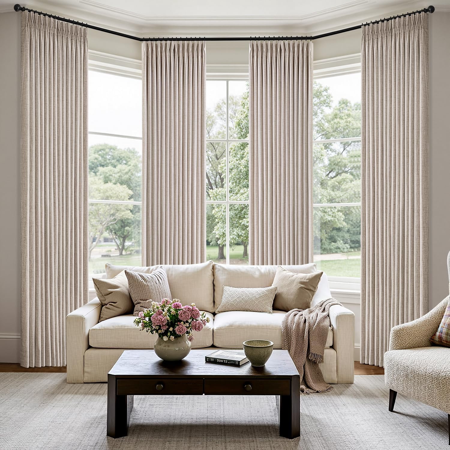 Pinch Pleated Thick Linen Curtains 96 Inch 4 Panels Set Back Tab Memory Trained Pinch Pleat Semi Sheer Light Filtering Privacy Curtain Let Light in Window Drapes for Living Room Bedroom Natural
