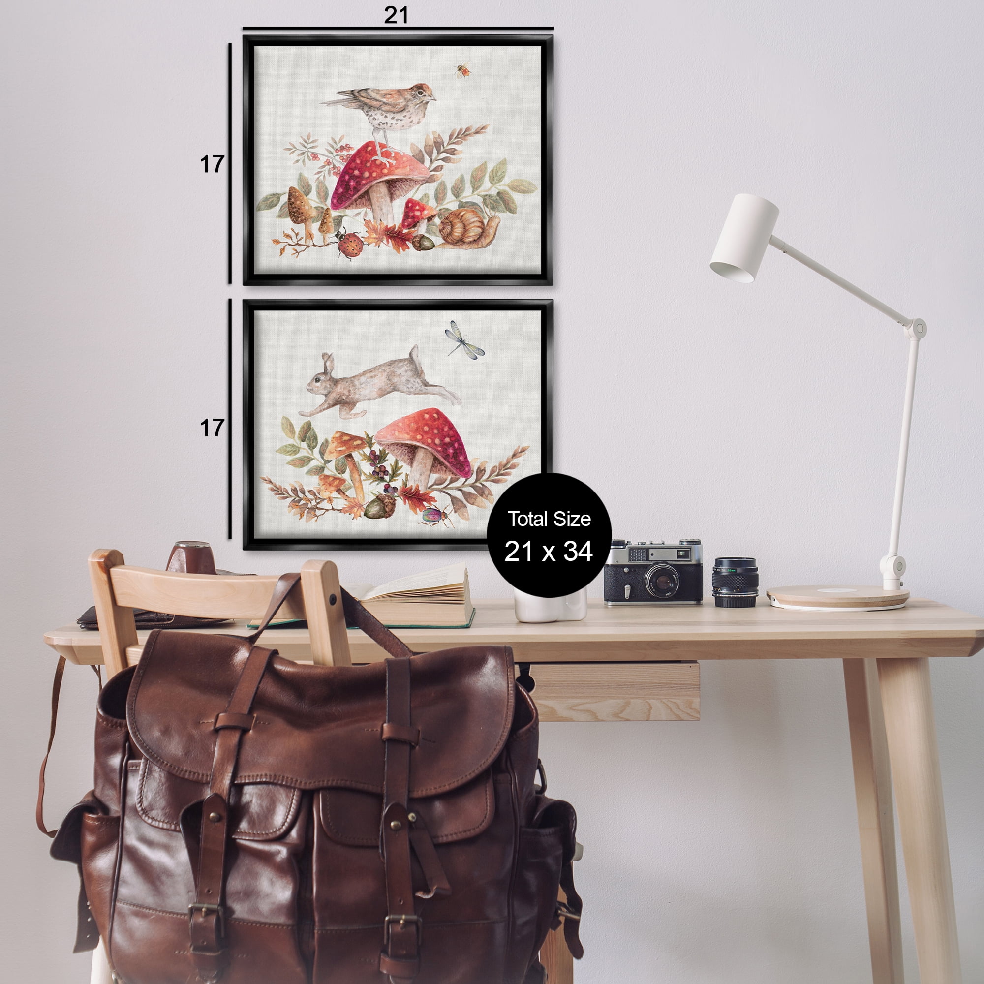 Stupell Industries Woodland Bird Rabbit Mushrooms Plants & Flowers Painting Black Floater Framed Canvas Art Print Wall Art, 21 x 17, Set of 2