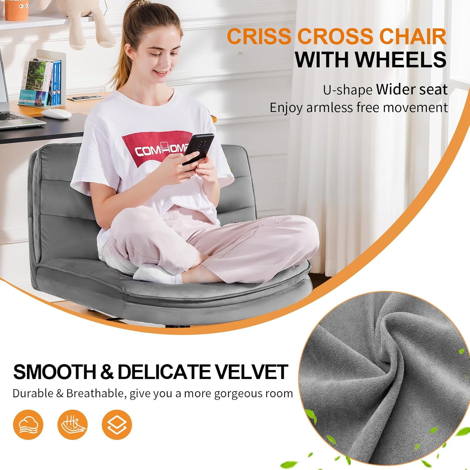 COMHOMA Armless Office Desk Chair with Wheels, Fabric Padded Cross Legged Office Chair, Modern Swivel Vanity Chair Height Adjustable Wide Seat Computer Task Chair, Gray