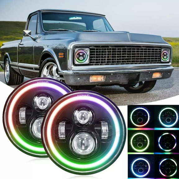 Pair 7" Inch RGB LED Headlights Halo Angel Eye - for Chevy C10 Pickup Camaro Truck