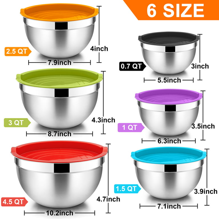 Walchoice Mixing Bowls with Lid Set of 6, Stainless Steel Metal Nesting  Bowls for Cooking, Baking, Preparing, Serving, Size 4.5/3/2.5/1.5/1/0.7 QT  